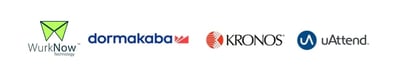 WurkNow, dormakaba, Kronos and uAttend time clock system logos - integrated with Conexis VMS