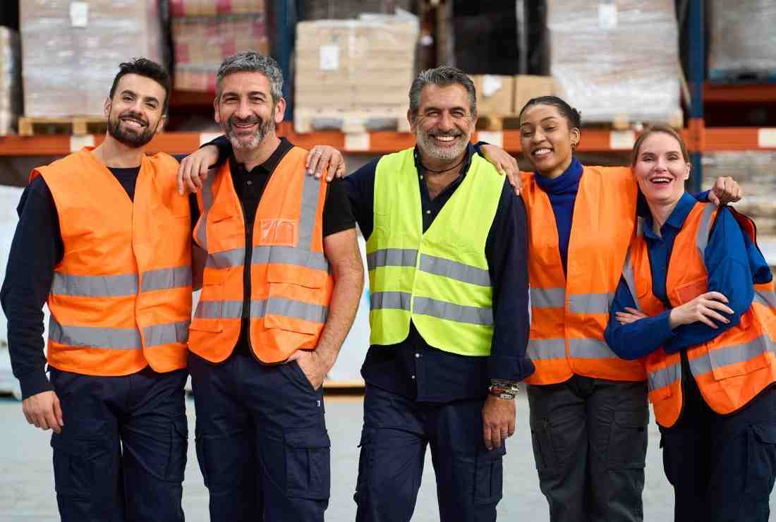 Group of manufacturing workers smiling, representing how Conexis VMS integrates with different HR Systems- Manufacturing