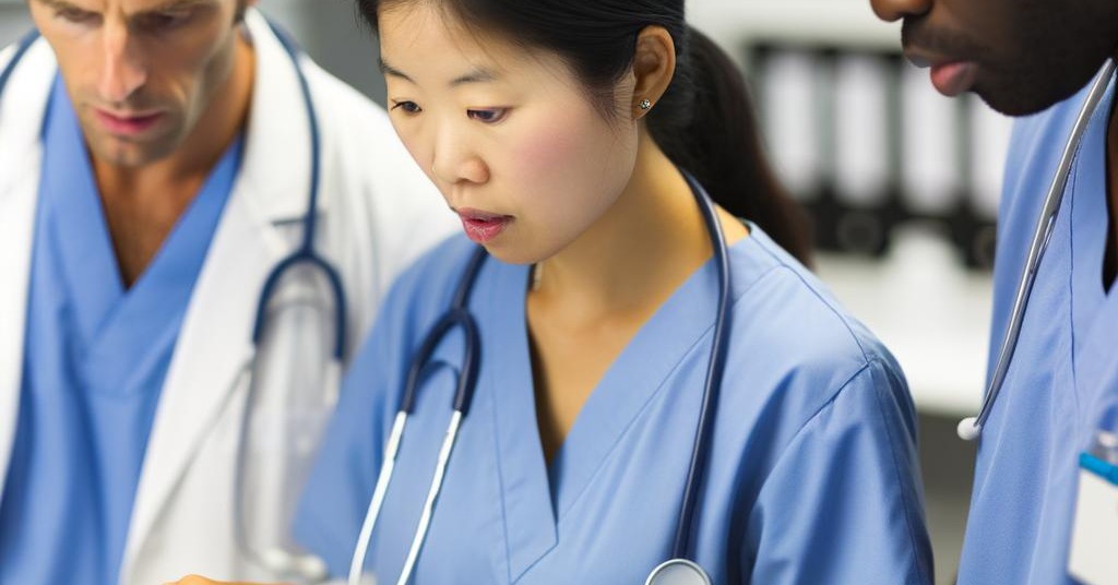 healthcare workers with reviewing patient files