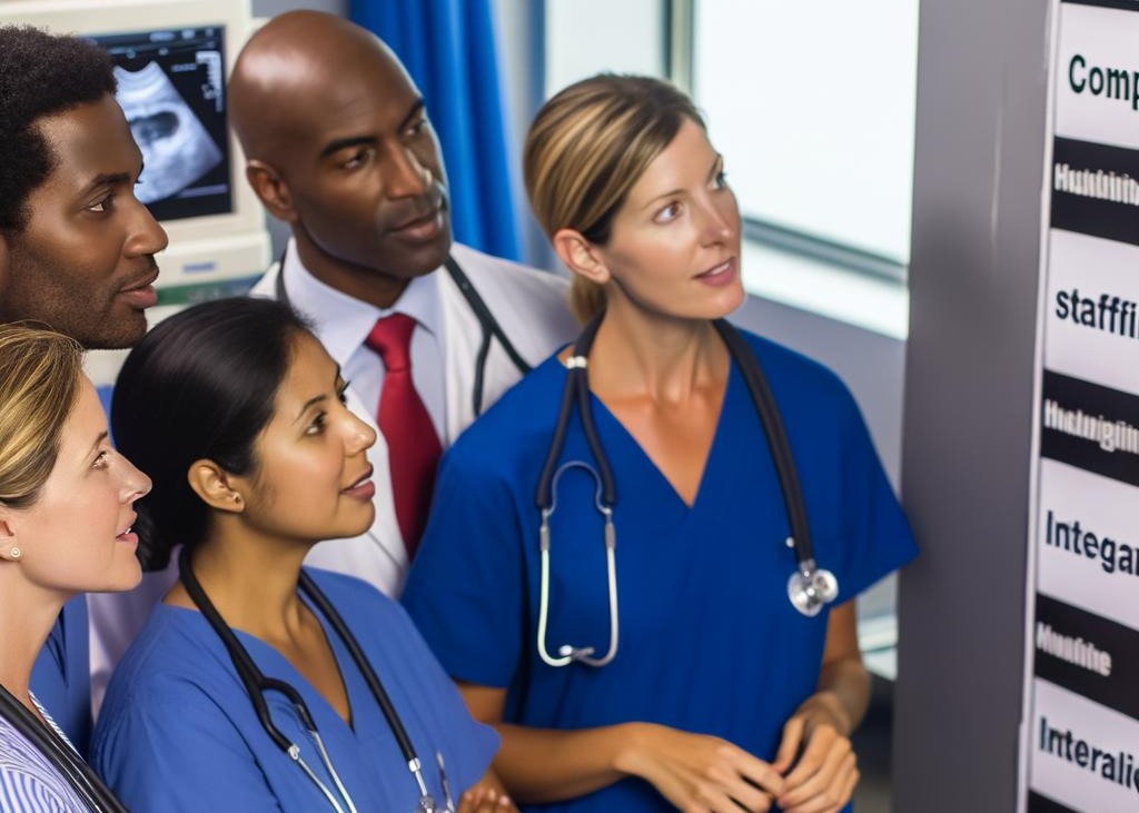 An image of healthcare workers looking at a large poster on a wall with the following words on it Compliance, Staffing, Integration, Scheduling-1-1