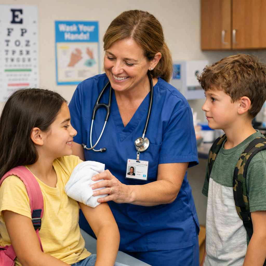 School Nurse Assisting Students