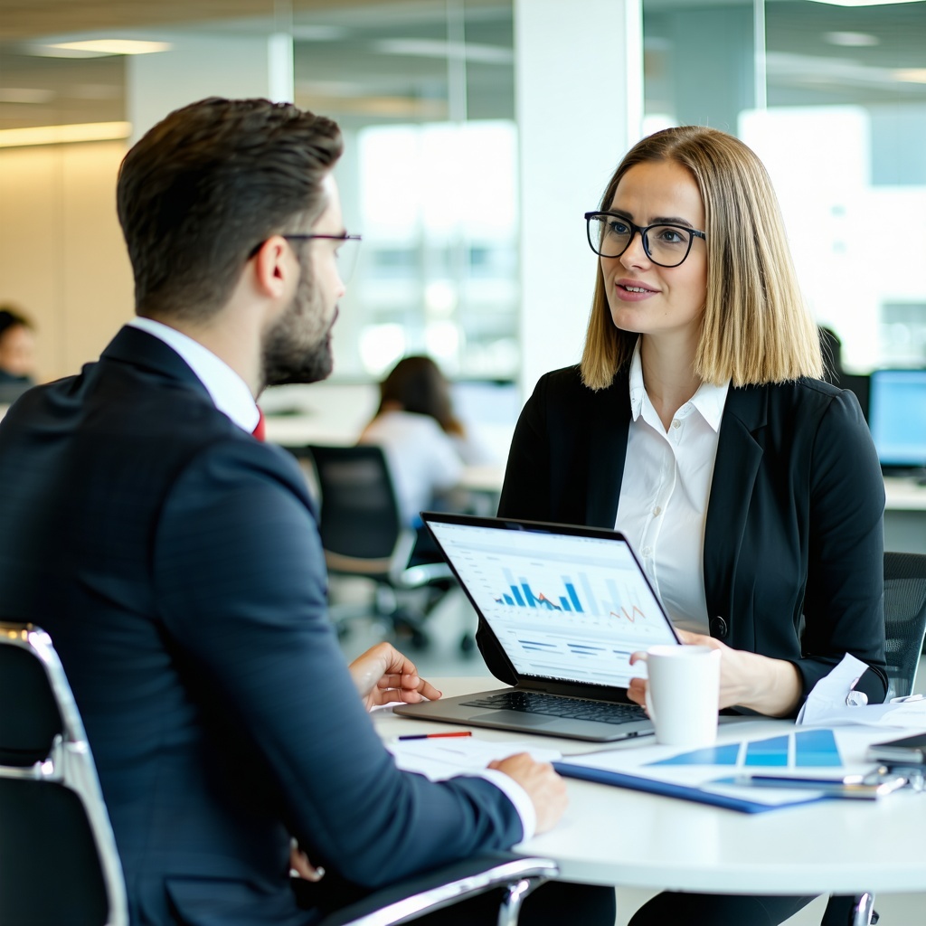 The image depicts a bustling contemporary office environment with two professionals engaged in discussionit should depict one person getting alot of personal customer care and attention from another person