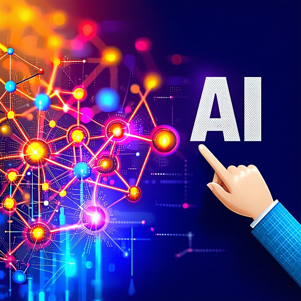 The image features a vibrant graphics of interconnected nodes and data streams conveying a sense of innovation and technology with a finger pointing to the word AI located in the right