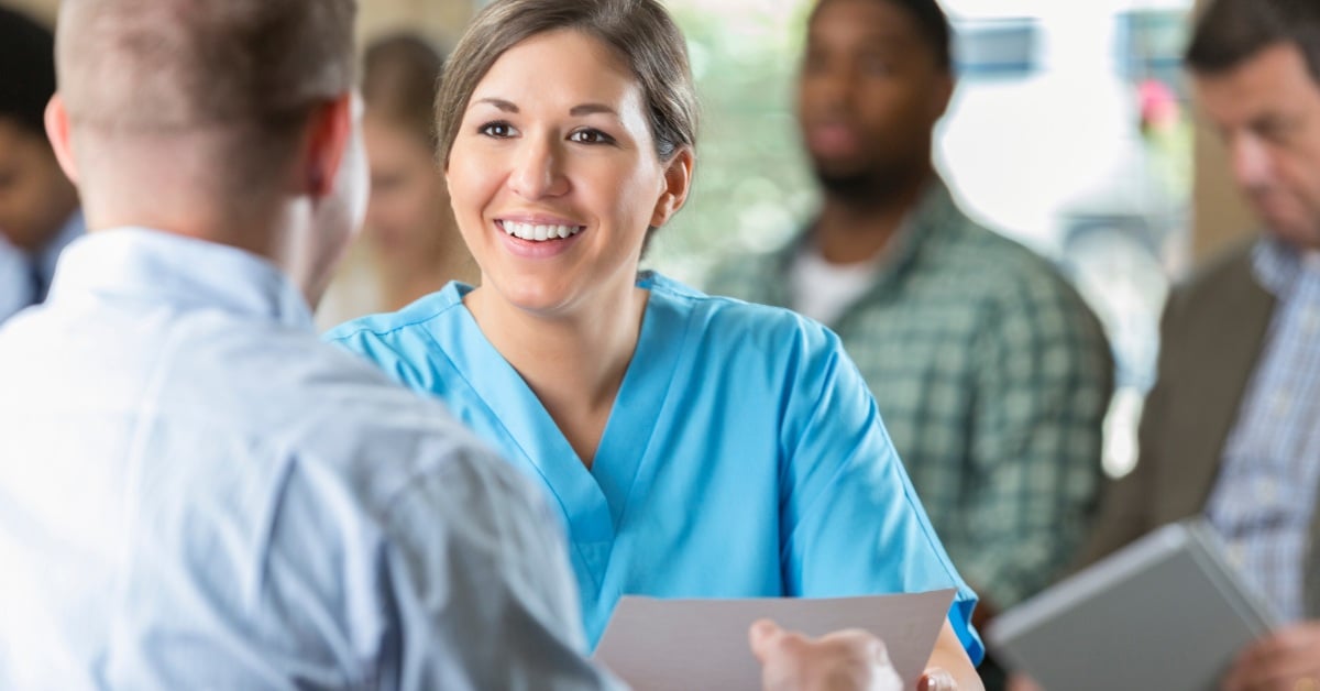Healthcare Staffing smiling worker.